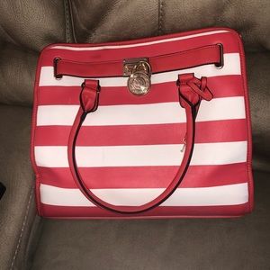 red & white stripped tote